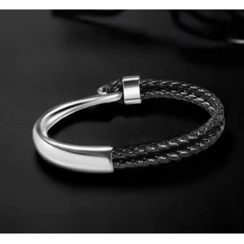 Men's Braided Leather Nautical Hook Bracelet Black Silver 8.3